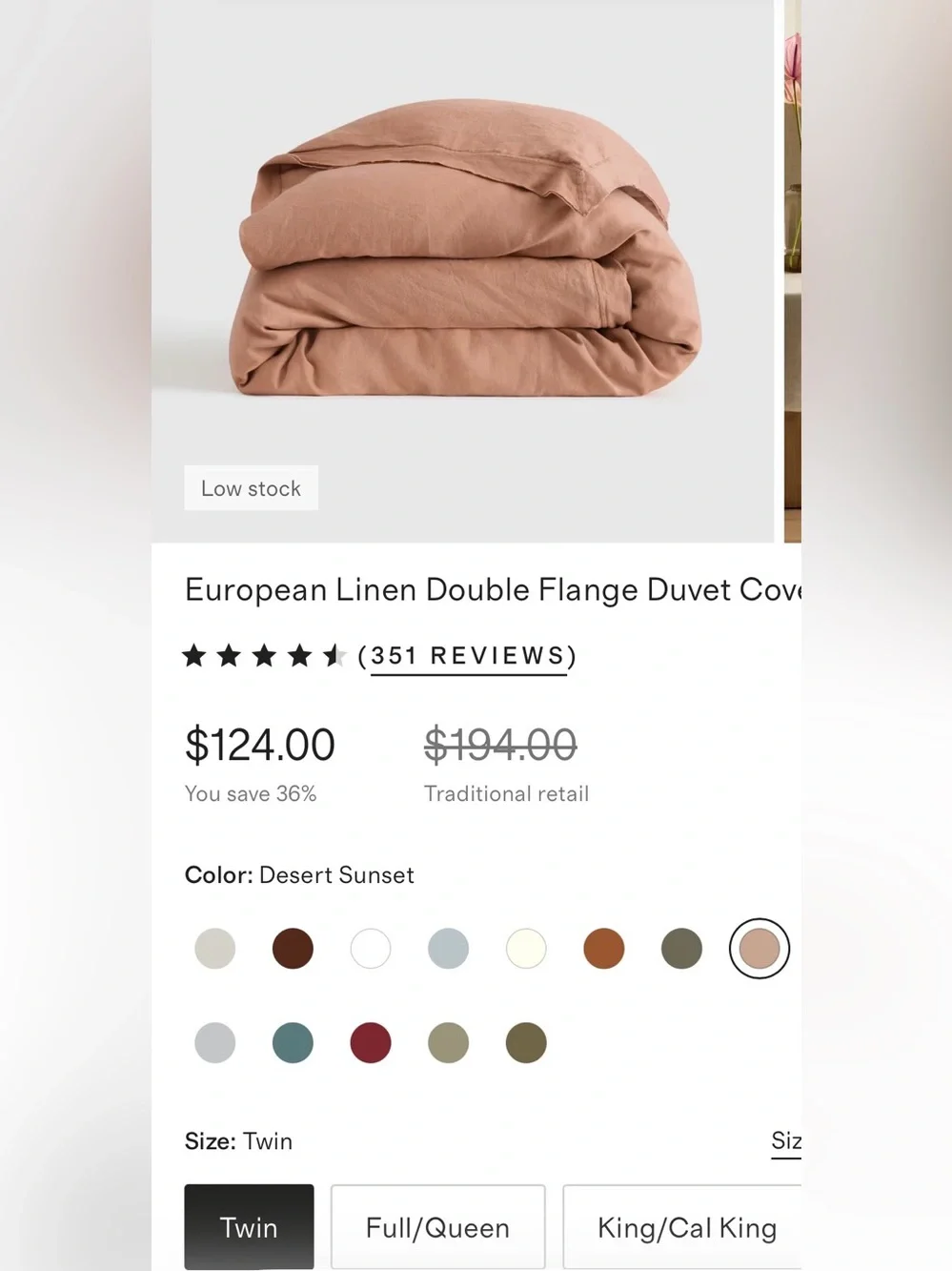 NWOT Quince European Linen Double Flange 1 Pc Duvet Cover, Twin (Desert Sunset)